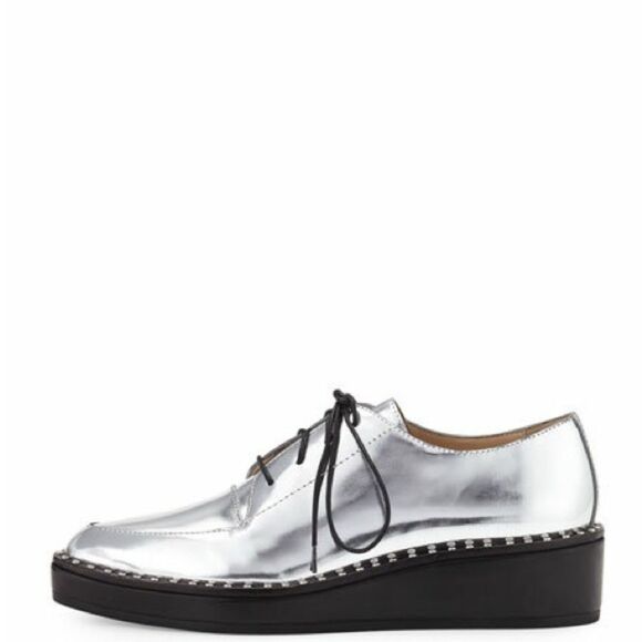Loeffler Randall Frances Metallic Leather Studded Platform Oxfords Silver size 8 - Picture 1 of 6